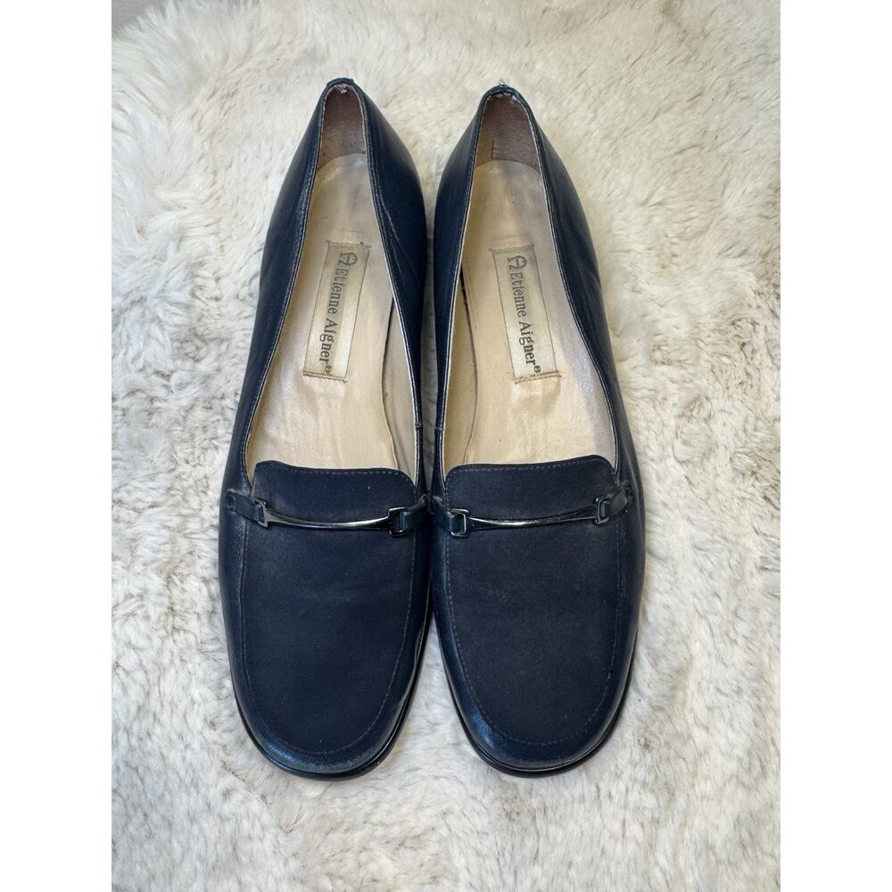 Vintae ETIENNE AIGNER 7.5 Blue Leather Loafers Brogue Gold Horsebit Old Money